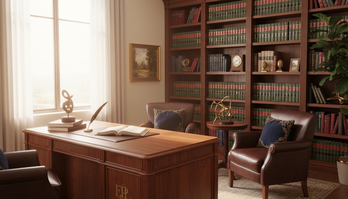 Elegant law office with wooden desk and bookshelves